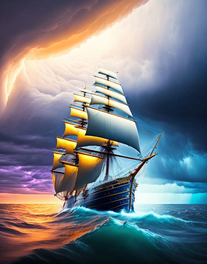 Tall ship with full sails on ocean under dramatic sky