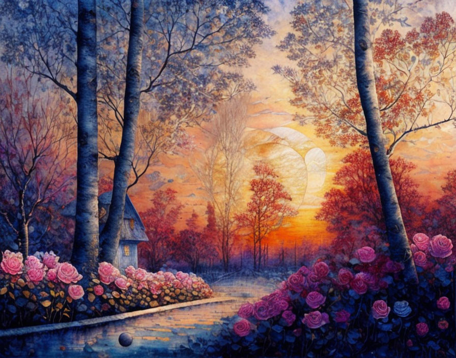 Picturesque sunset painting with pink roses, cozy cottage, and trees in warm hues