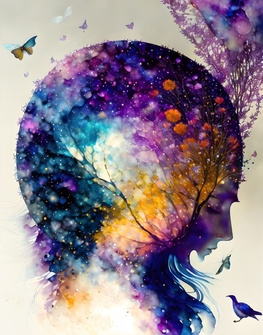 Human head profile with cosmic texture merging into tree silhouette and butterflies.