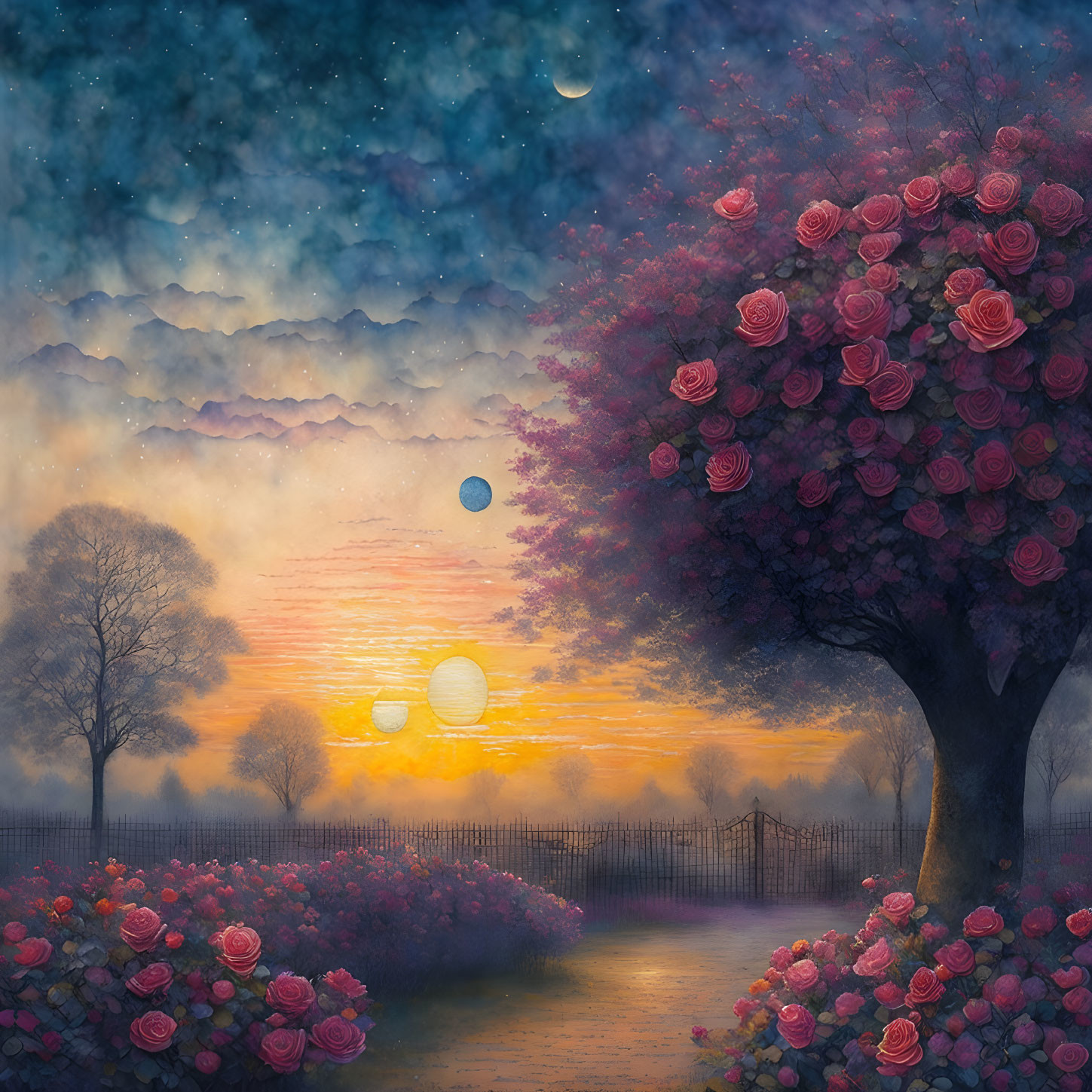 Whimsical artwork featuring tree, pink roses, sunset sky, spheres, stars in countryside.