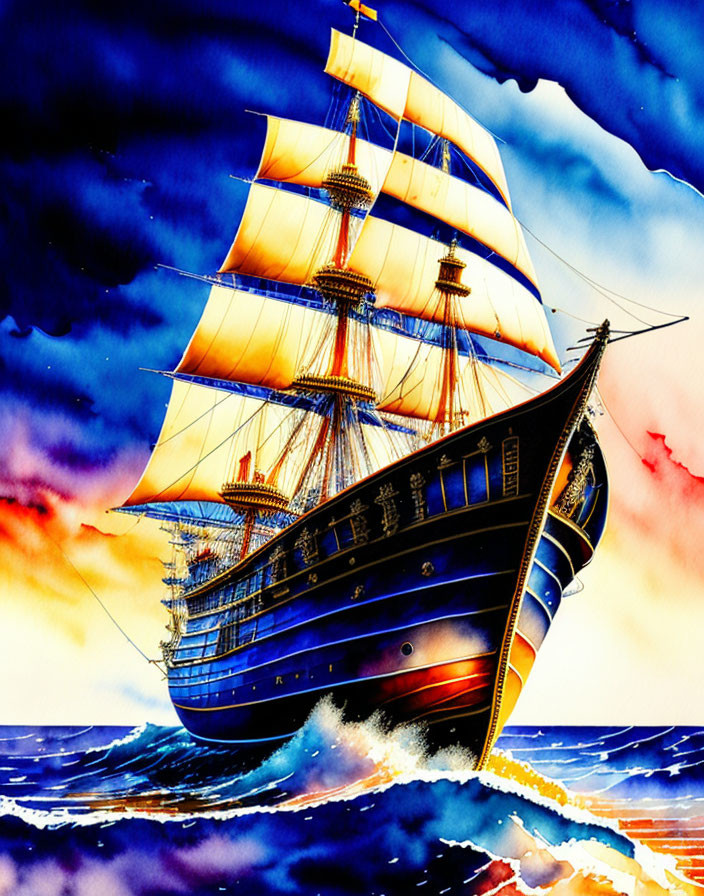 Vibrant tall ship painting navigating rough sea waters