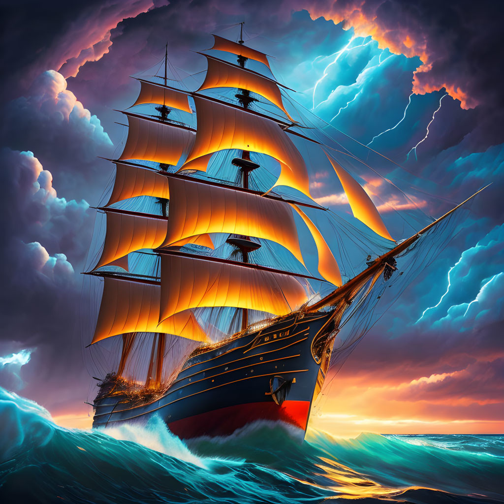 Tall Ship with Illuminated Sails Battles Stormy Seas