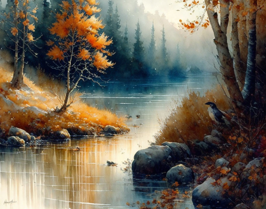 Tranquil autumn landscape with misty lake, fall trees, rocks, and bird