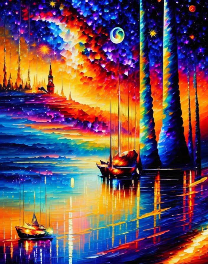 Colorful painting of boats on reflective water with starry sky