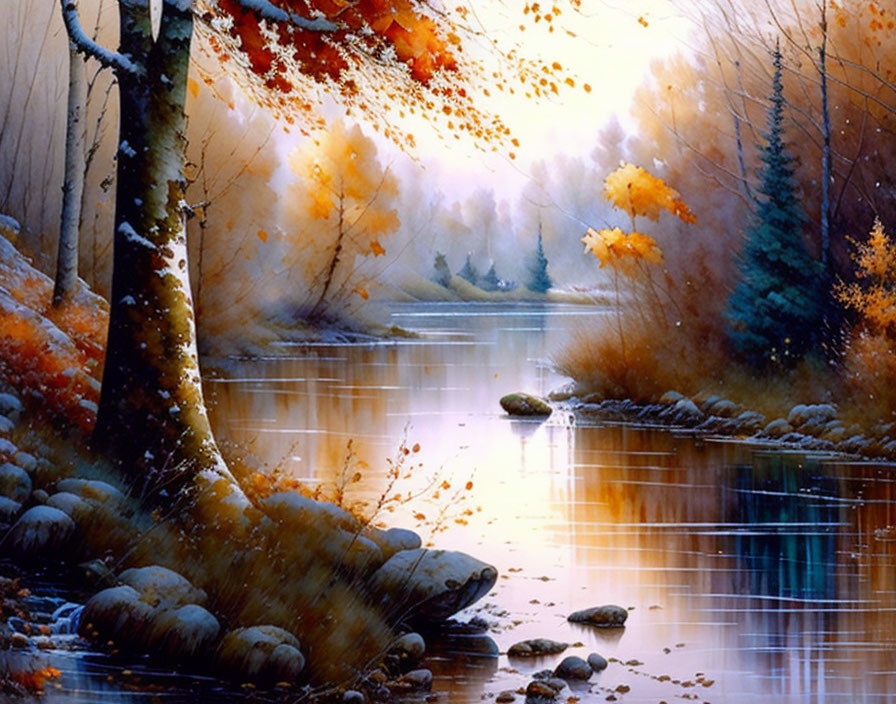 Tranquil autumn river with orange leaves and misty forest