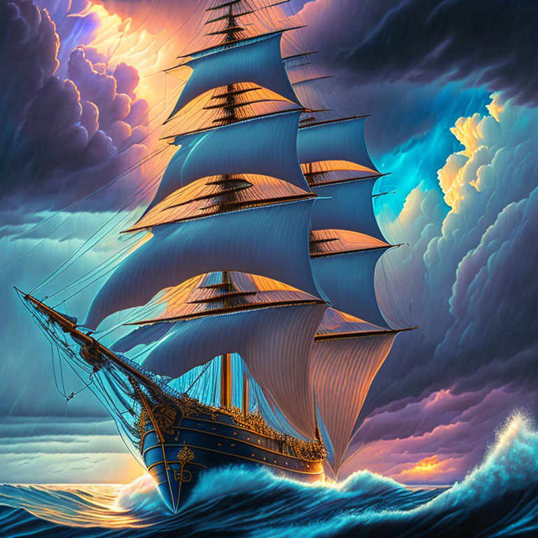 Tall Ship Sailing on Dramatic Sea with Golden Sunset Sky