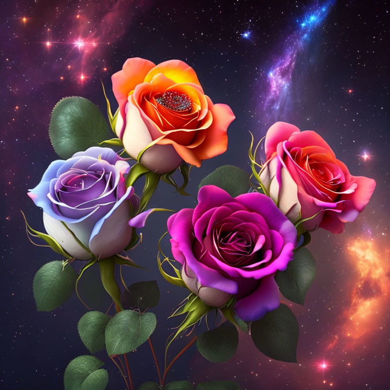 Colorful digital art: Three roses in orange, purple, and pink on cosmic backdrop