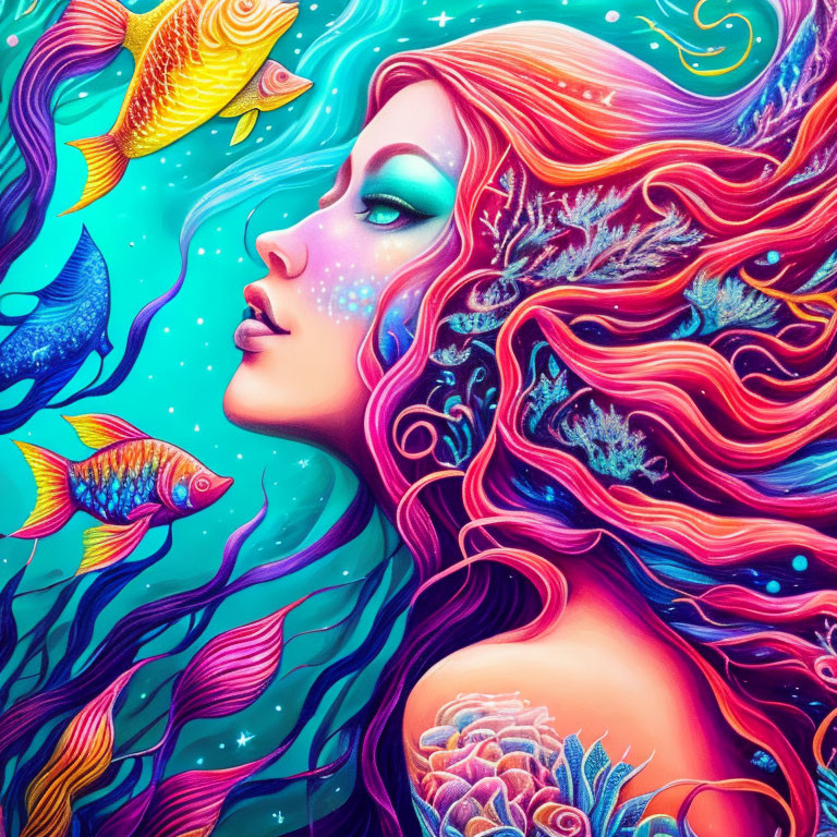 Colorful illustration: Woman with red hair and fish motifs