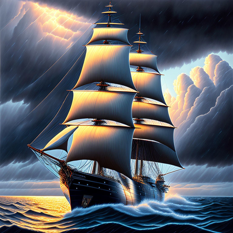 Tall ship with full sails in stormy sea under dark sky