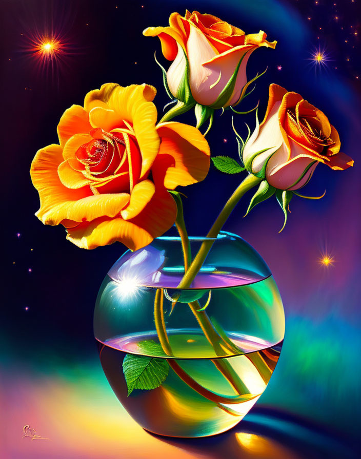 Three orange roses with red tips in round glass vase on cosmic background