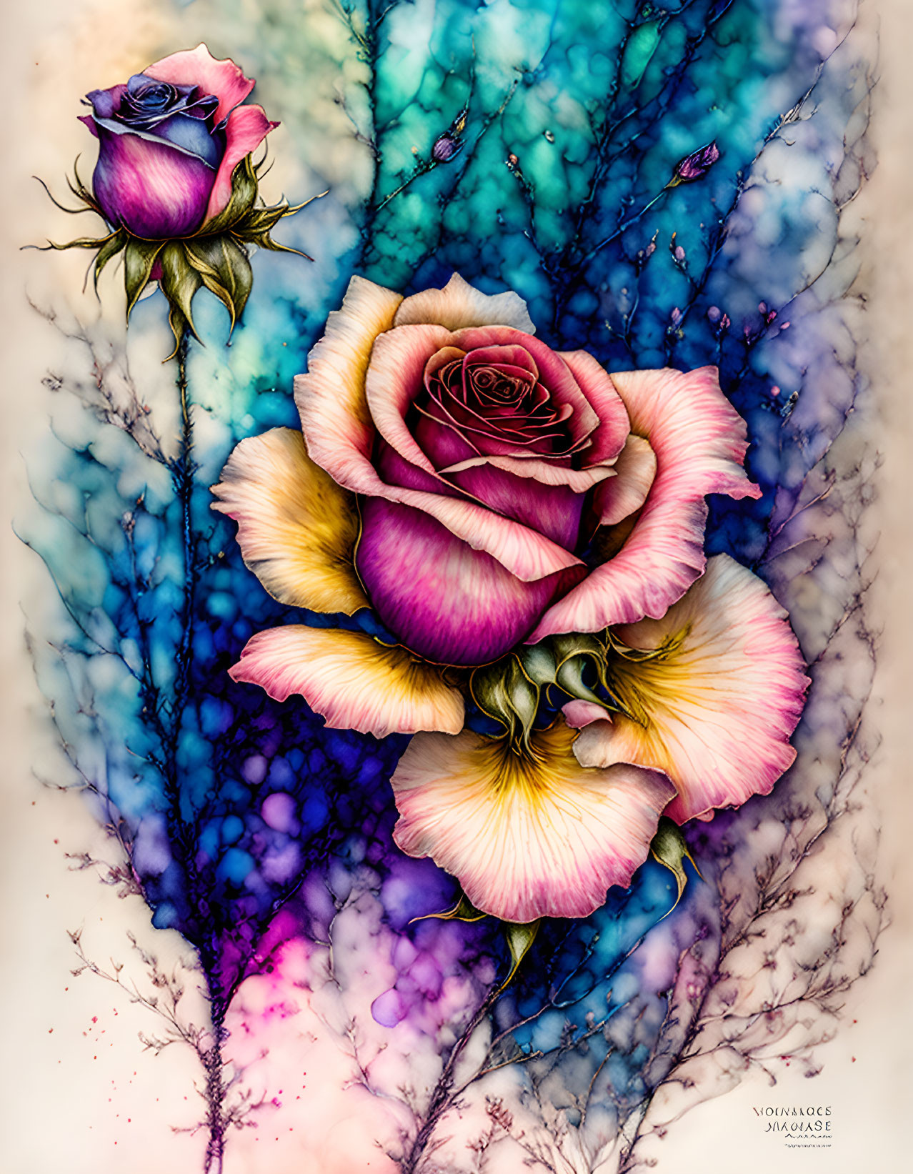 Colorful digital artwork featuring central yellow and pink rose surrounded by dreamlike garden elements