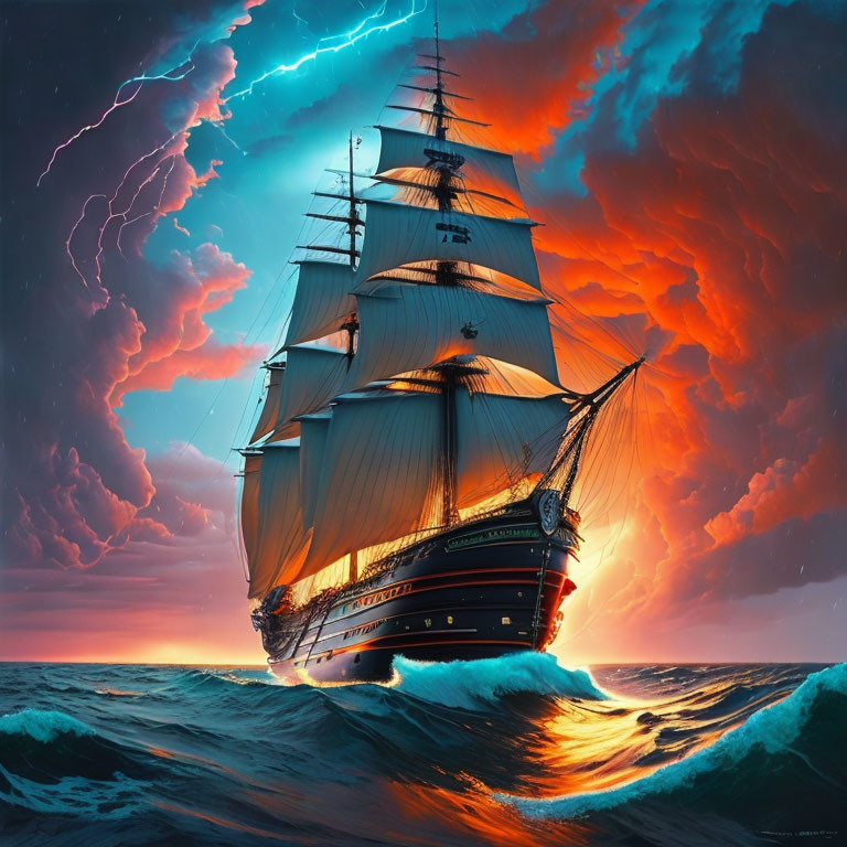 Tall ship sailing in turbulent seas under dramatic orange sky