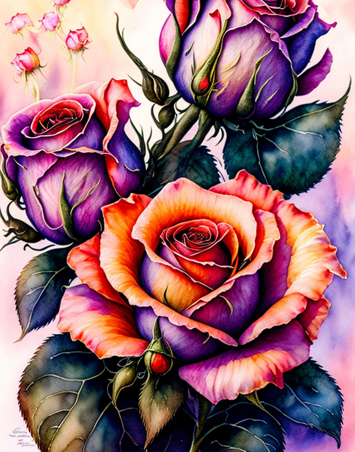 Colorful Watercolor Painting of Multicolored Roses & Green Leaves