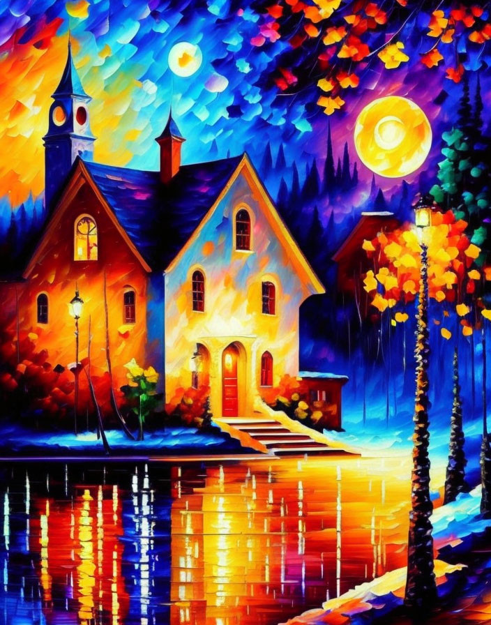 Vivid Night Scene: Colorful House by Water with Moon and Starry Sky