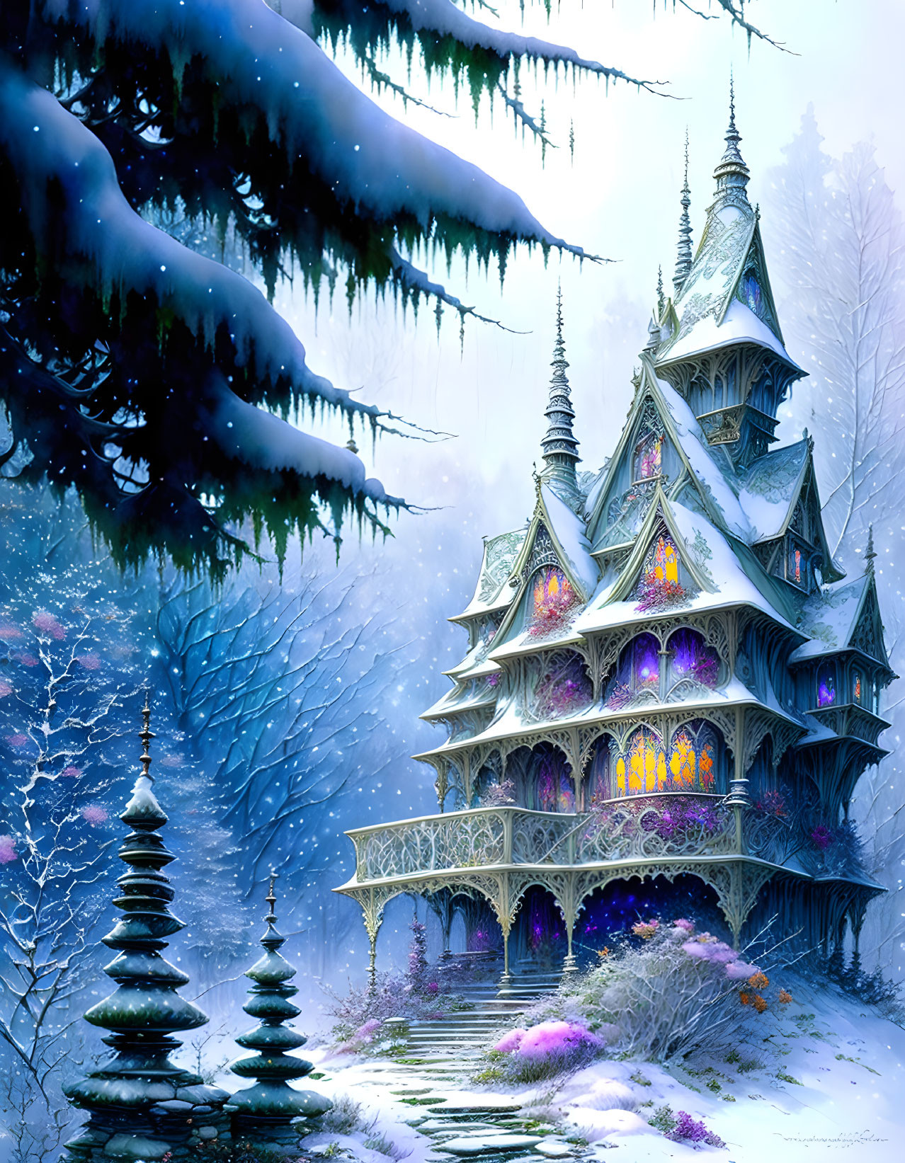 Snow-covered fantasy castle in winter forest with glowing windows and icicles