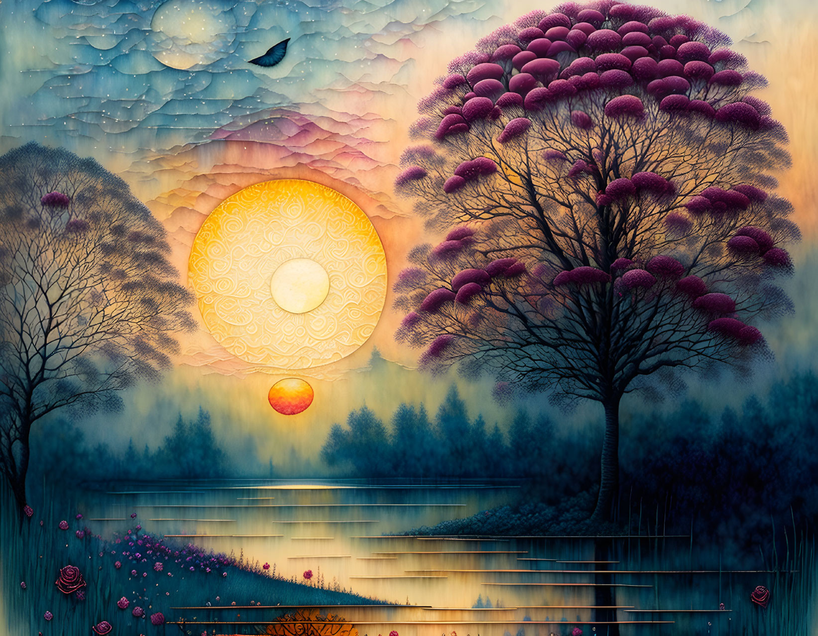 Fantasy landscape with stylized trees, ornate sun, river, layered clouds, crescent moon