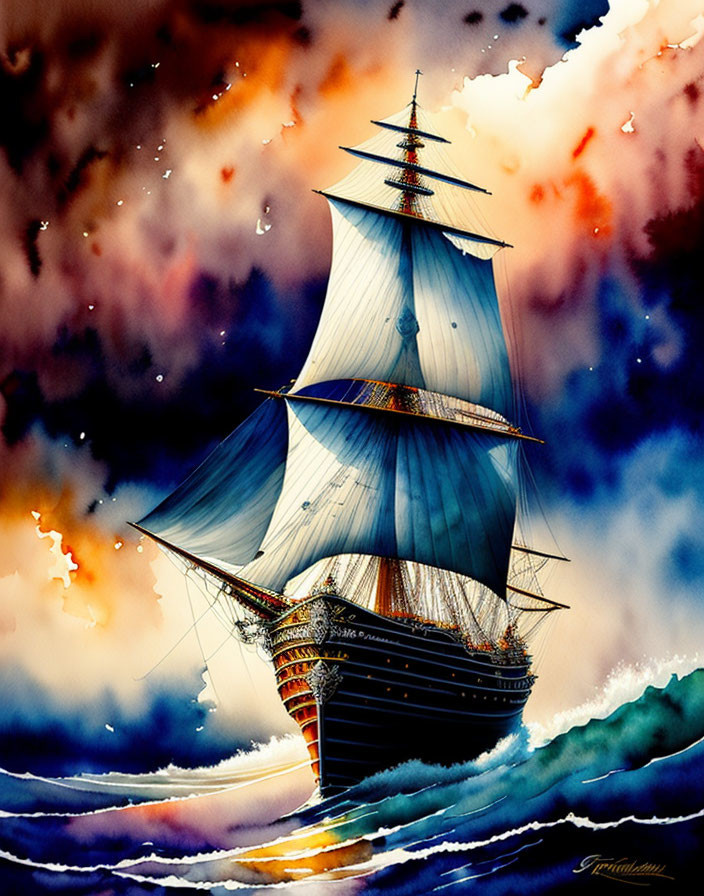 Dramatic sailing ship artwork in stormy seas