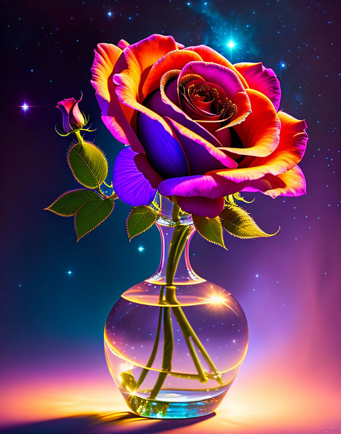 Multicolored rose in clear vase against cosmic backdrop