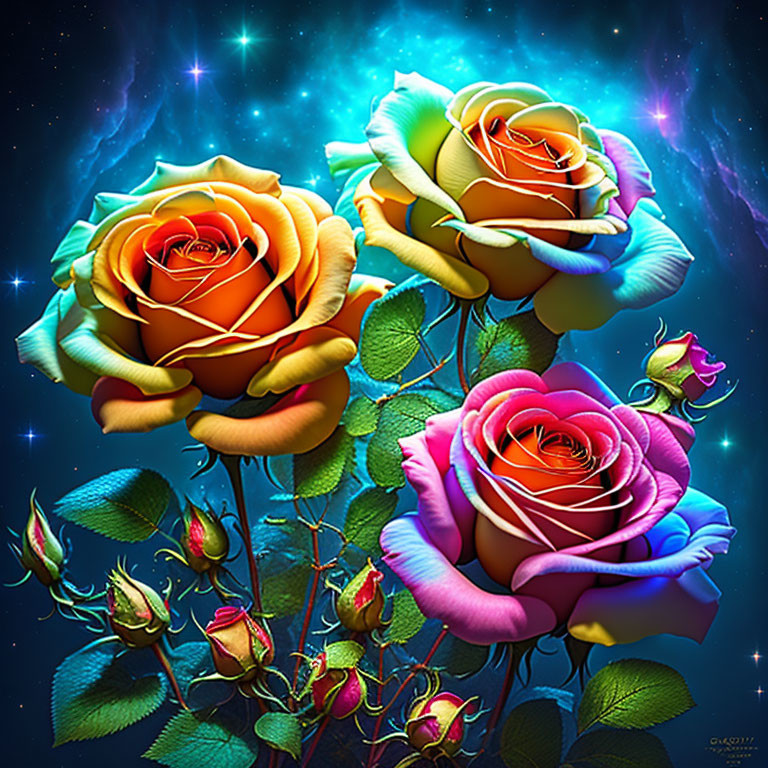 Colorful Roses Against Cosmic Starry Background