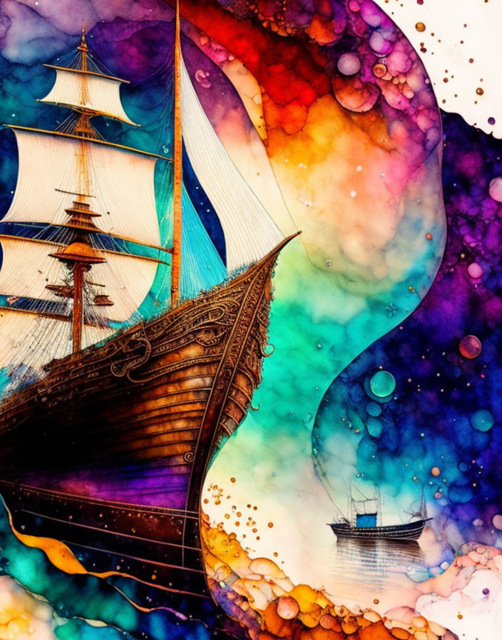 Colorful Artwork Featuring Large and Small Ships on Whimsical Background