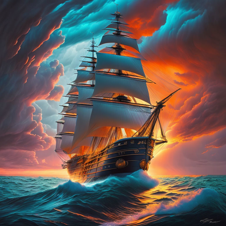 Tall ship sailing on turbulent sea under dramatic orange sky