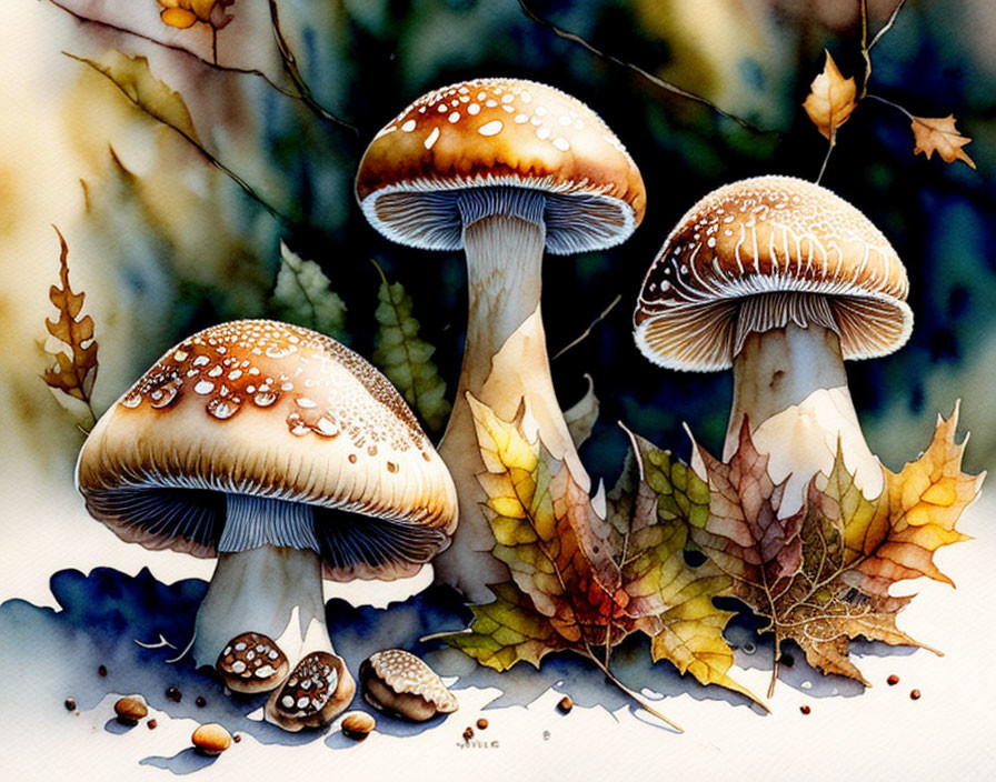 Detailed watercolor painting of three mushrooms with autumn leaves and acorns.