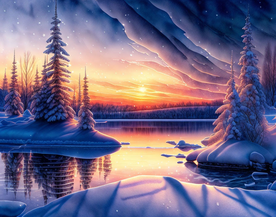 Snow-covered trees in serene winter sunset landscape