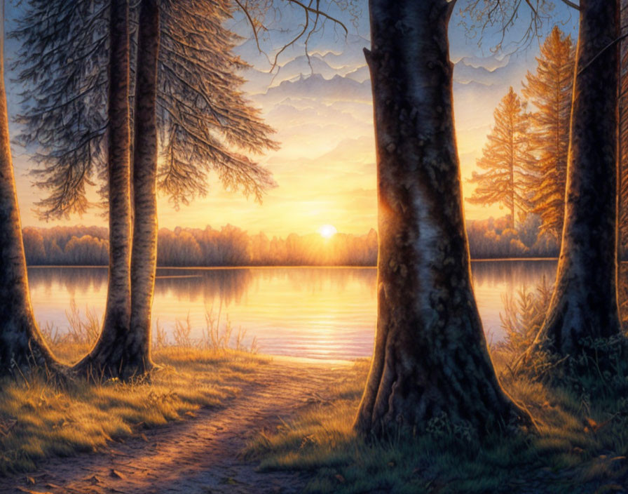 Tranquil sunset scene at lake with trees and footpath