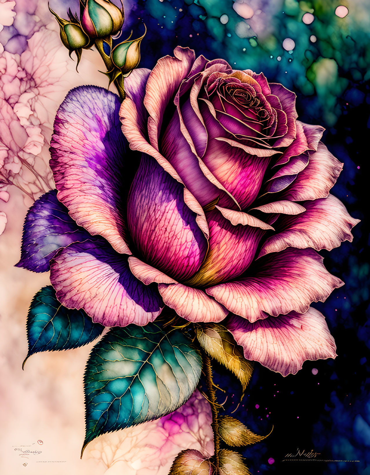 Colorful digital artwork featuring vibrant rose with purple and pink petals on multicolored background