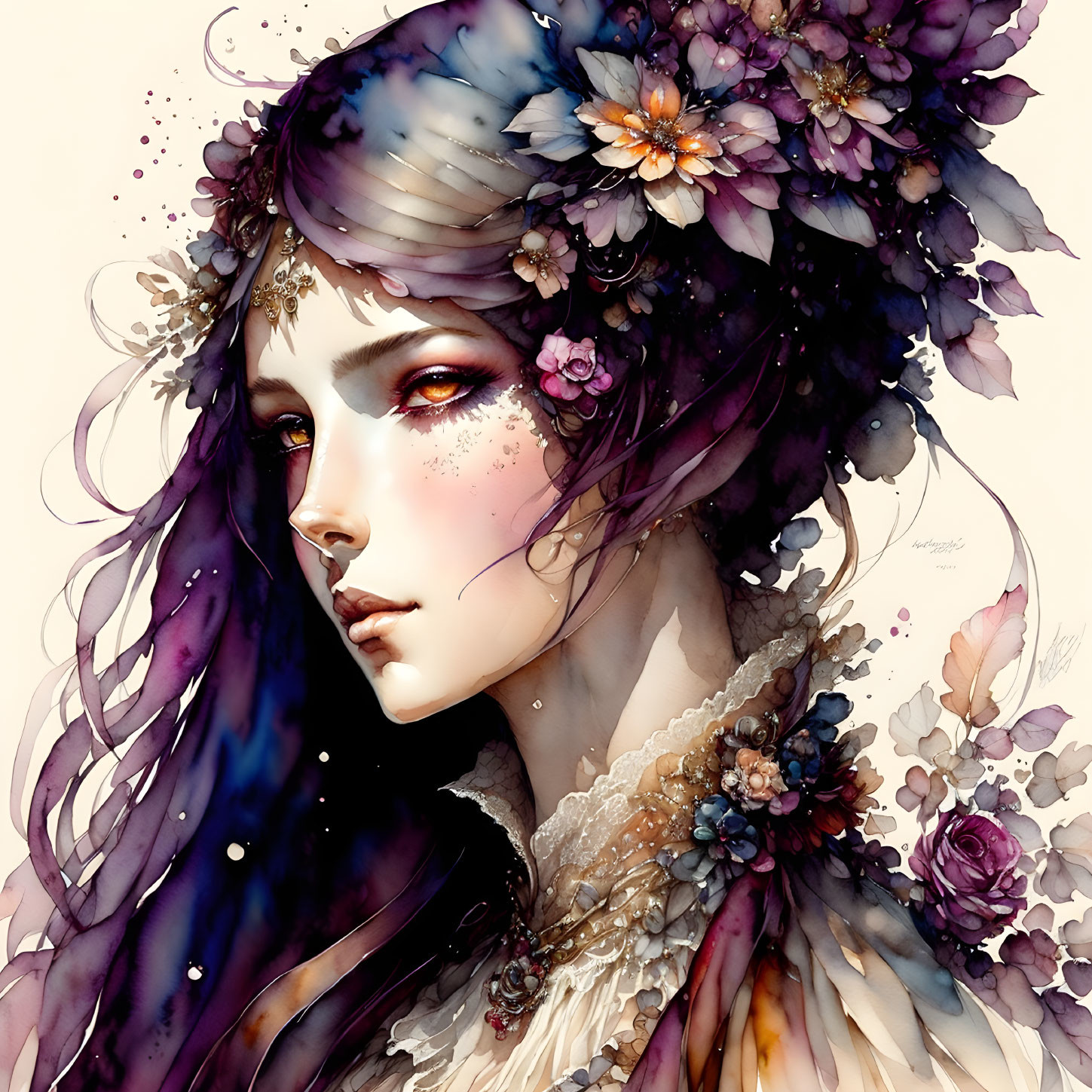 Illustrated Woman with Purple and Blue Hair and Floral Adornments