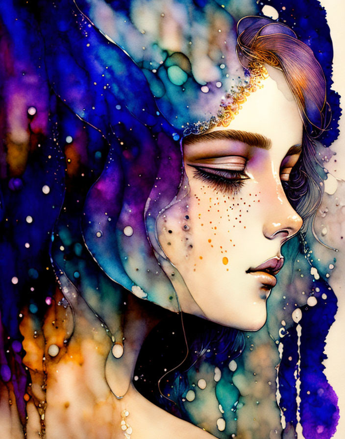 Vibrant cosmic-themed makeup and jewelry illustration