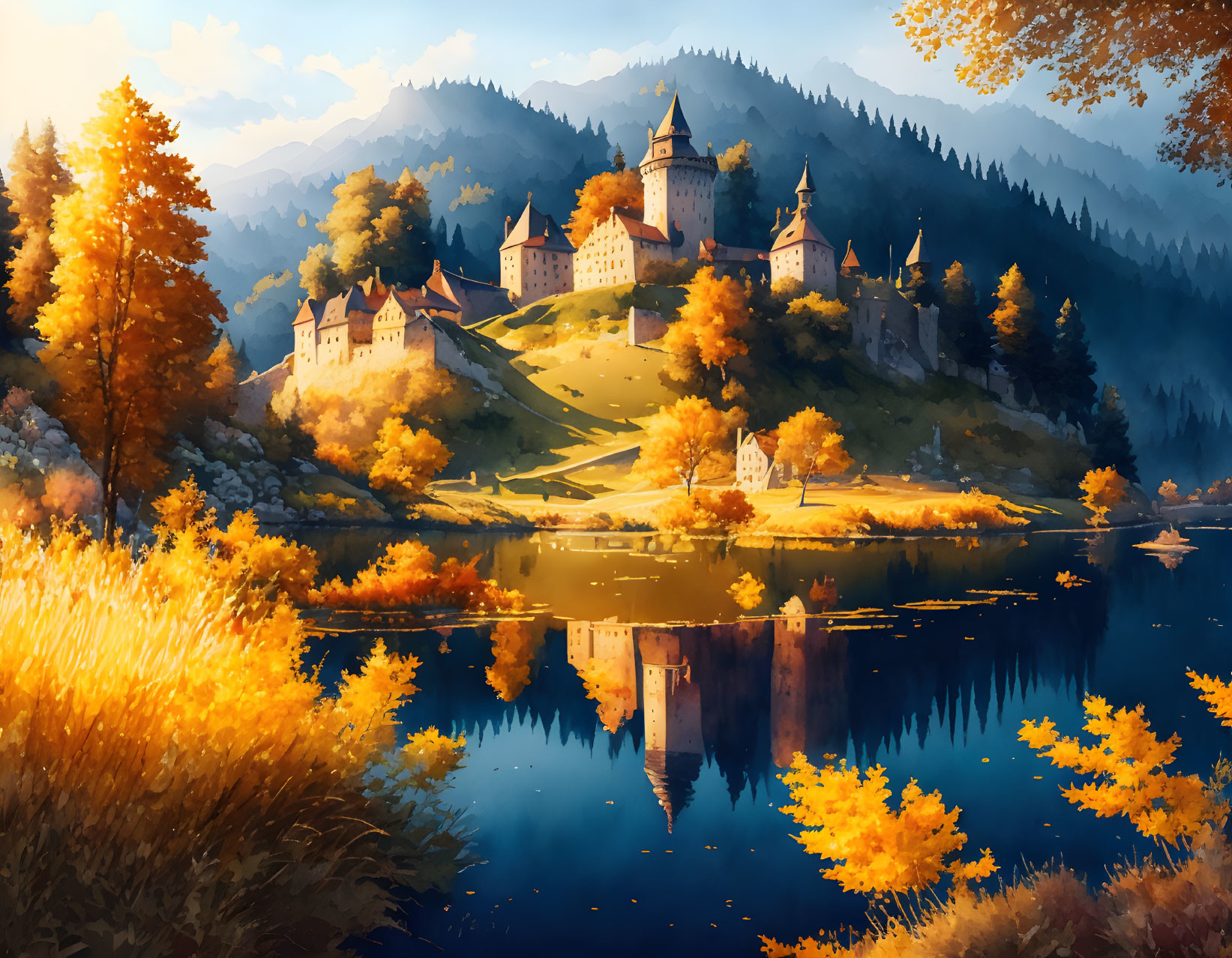 Autumnal trees, lake, and castle on a sunny day