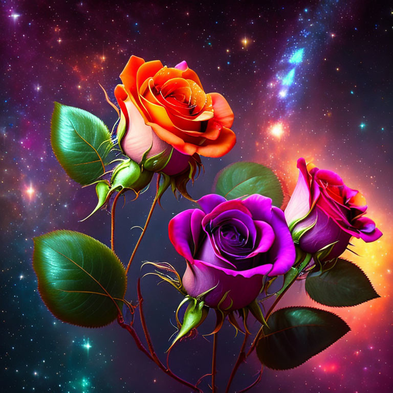 Vibrant Orange and Purple Roses on Starry Background