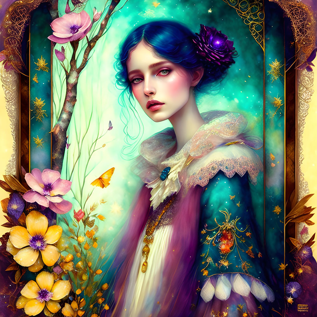 Fantastical portrait of a woman with blue hair and purple dress among vibrant flowers and starry background