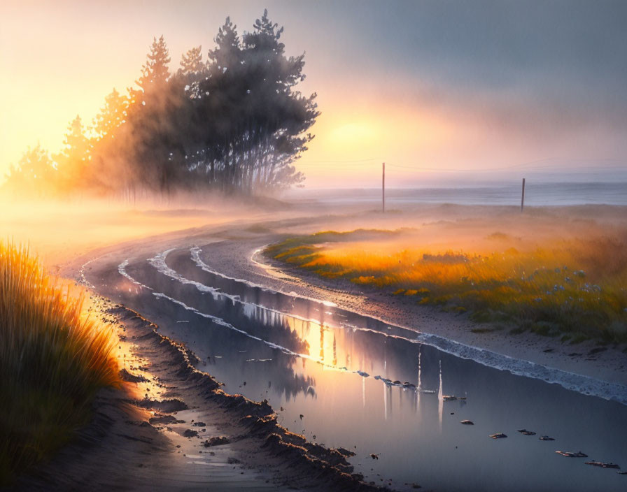 Misty Sunrise Landscape with Winding Dirt Road