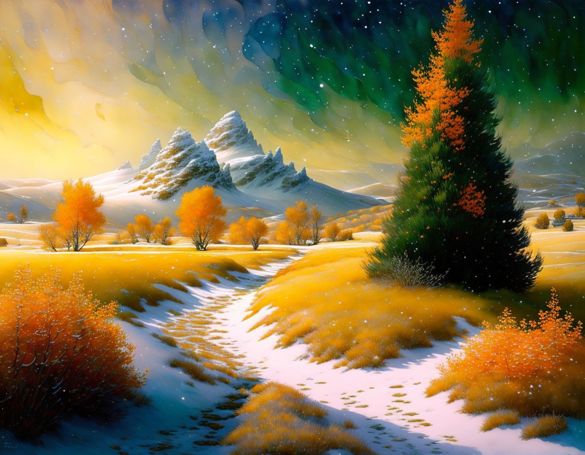 Snow-covered path through mountains with orange trees under starry sky