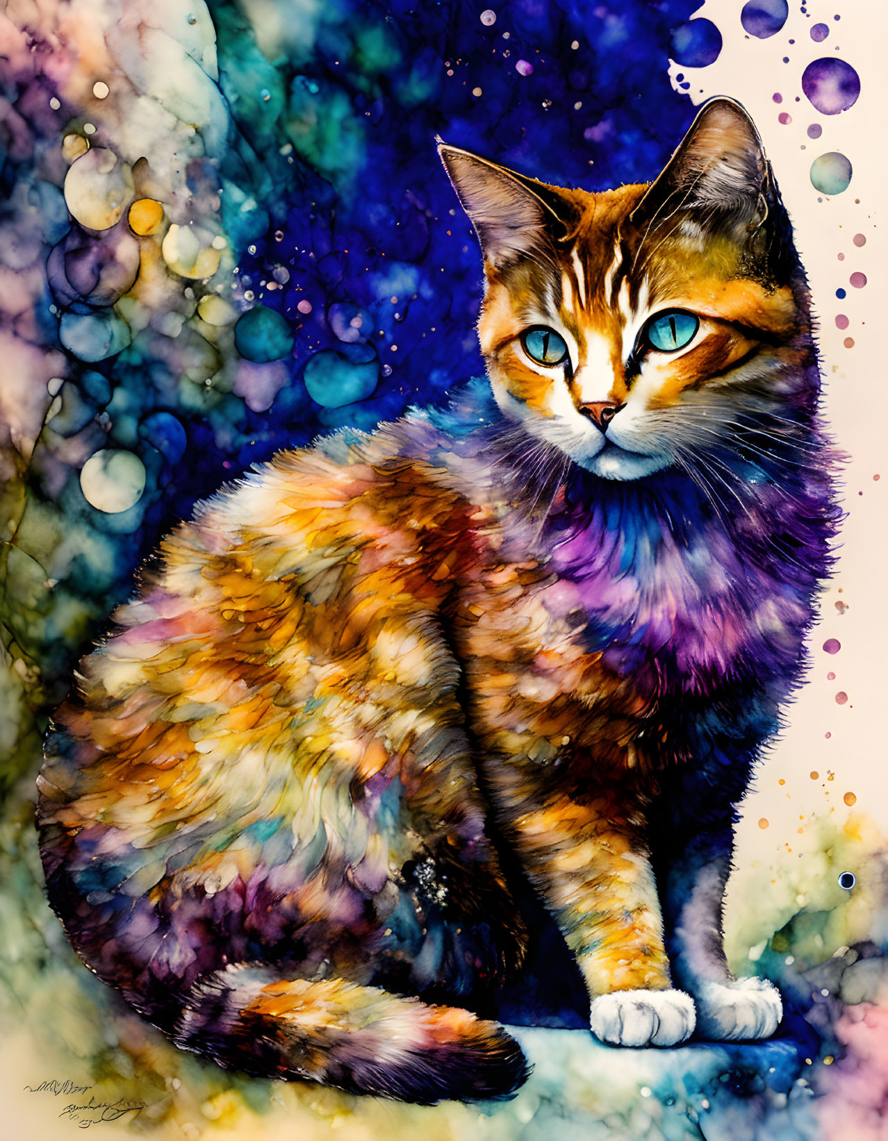 Colorful Watercolor Cat Illustration with Abstract Background