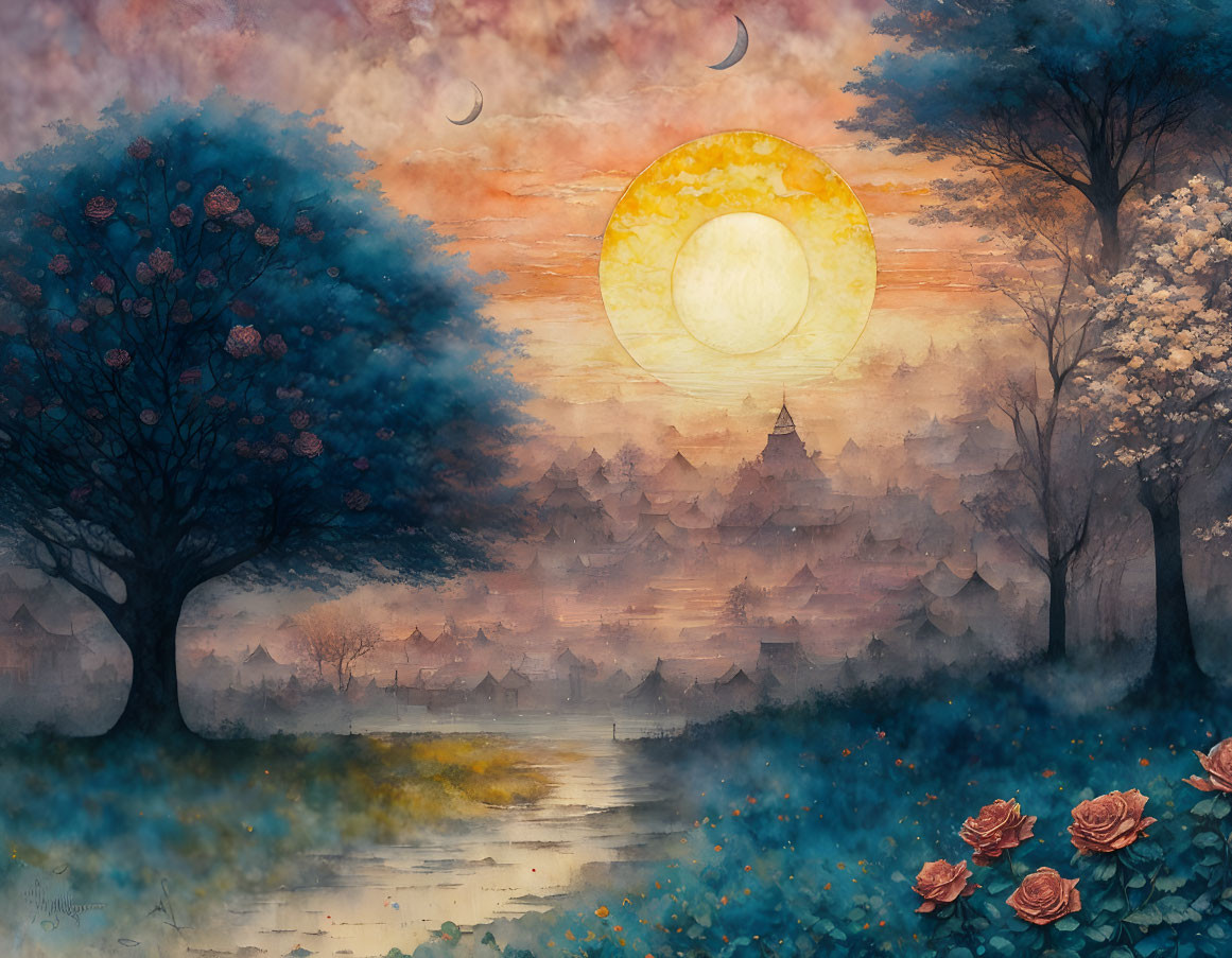 Sunset landscape painting with two moons, colorful trees, river, and village.