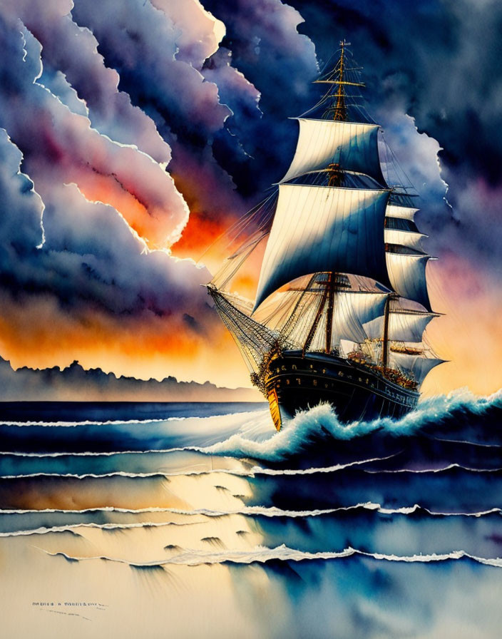 Tall ship sailing on turbulent seas under dramatic sky