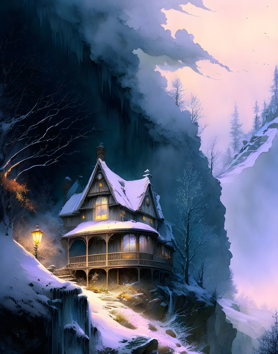 Twilight scene: Wooden house on cliff with snow-covered trees