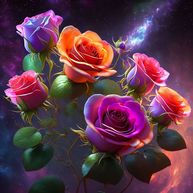 Colorful Collection of Purple, Pink, and Orange Roses on Cosmic Background