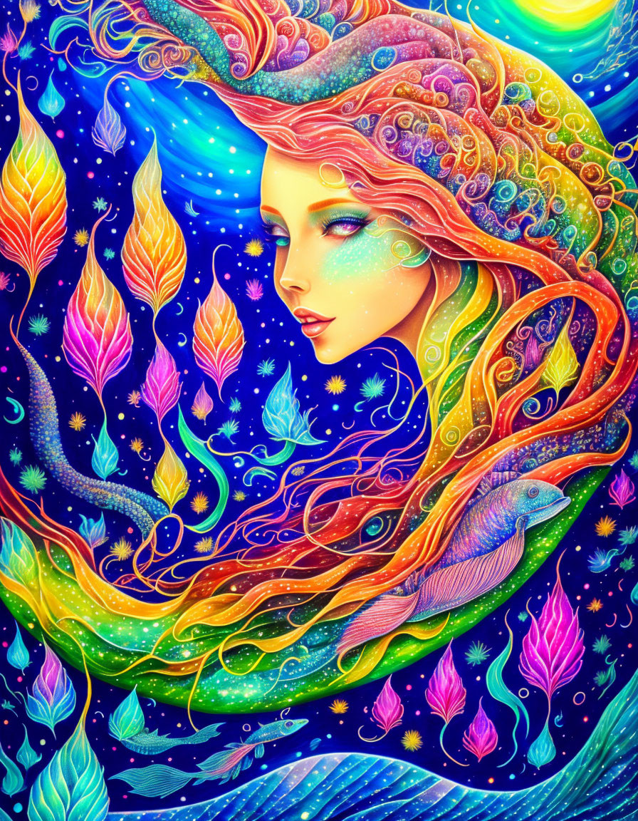 Colorful portrait of woman with cosmic elements and bird on starry blue backdrop