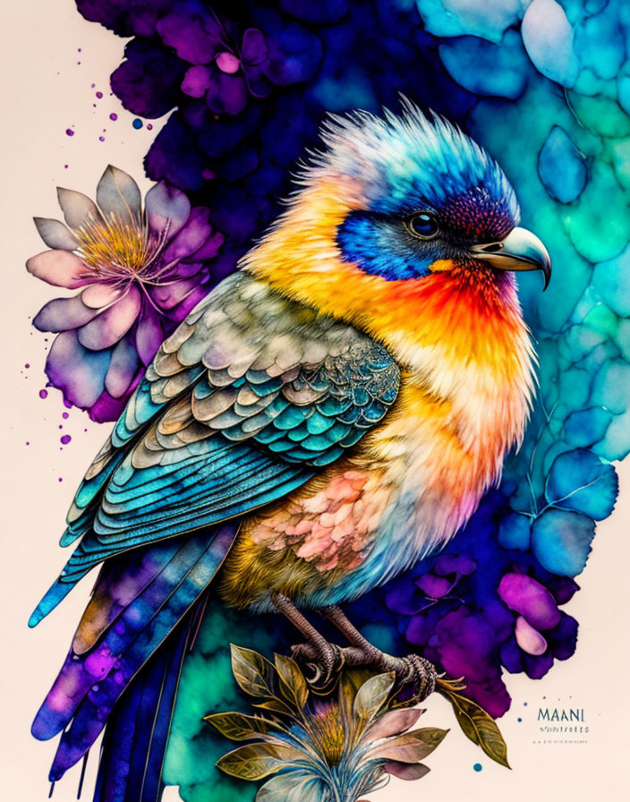 Colorful Bird Illustration with Floral Background in Blues, Purples, Oranges, and Y