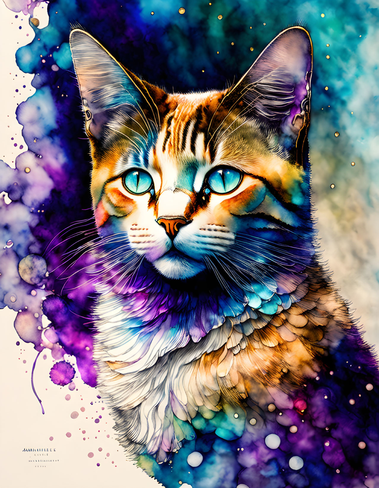 Colorful Cat Illustration with Blue Eyes and Abstract Watercolor Splash