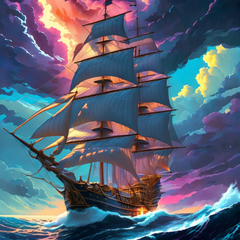 Tall ship sailing on turbulent seas under stunning colorful sky