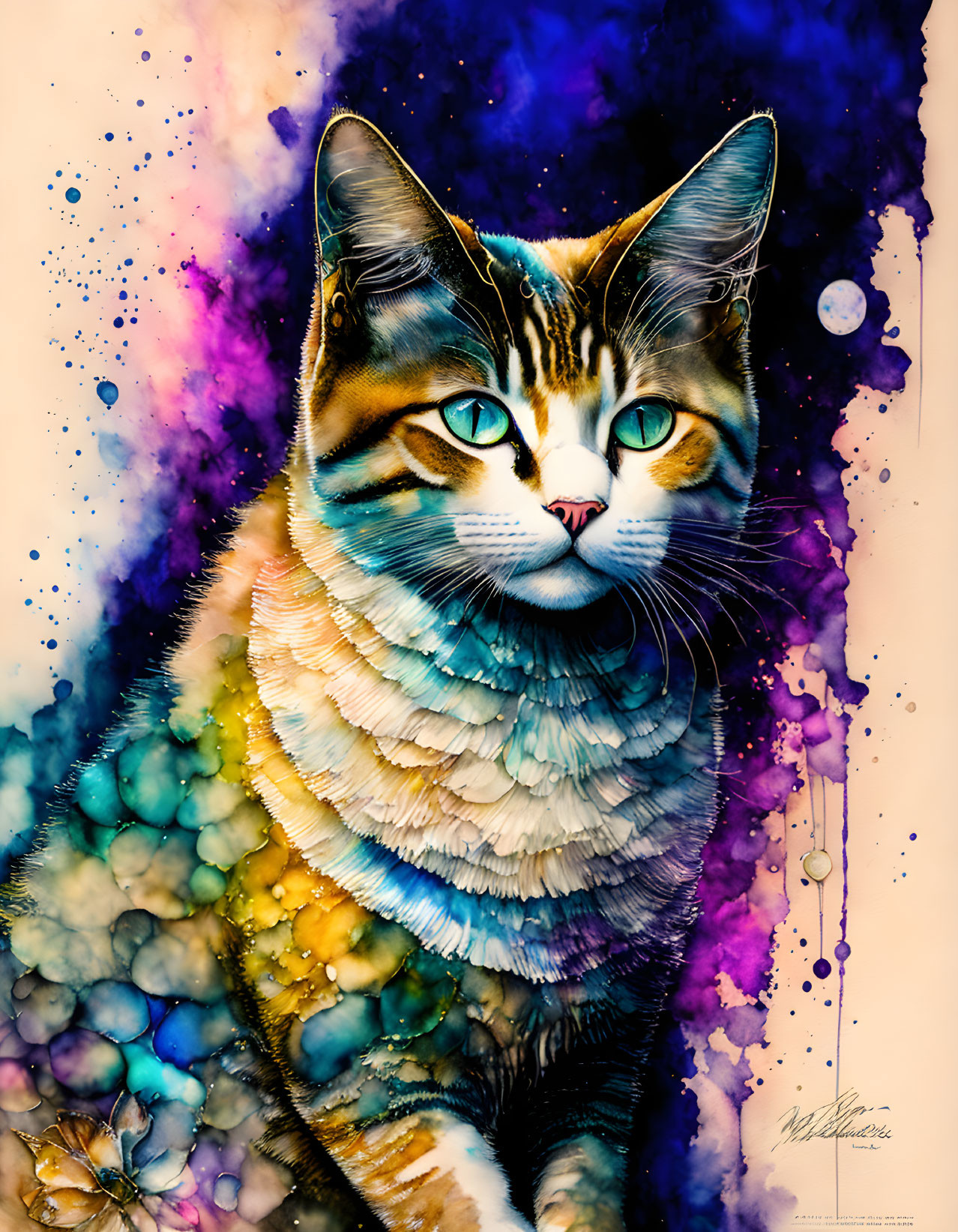 Colorful Watercolor Painting: Cat with Blue Eyes and Abstract Patterns