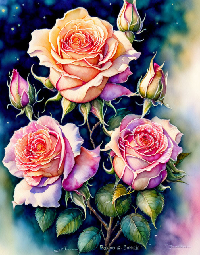 Watercolor painting of blooming roses against galaxy background