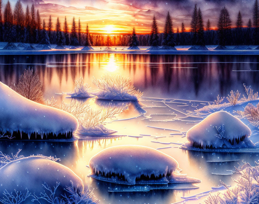 Snowy landscape with frozen lake, trees, and sunset glow