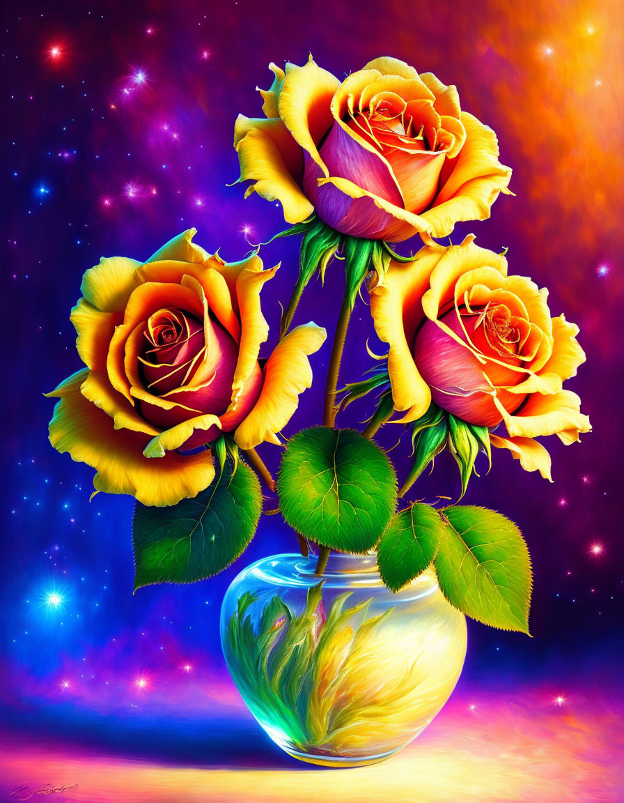 Three orange-yellow roses with red edges in a clear vase on cosmic background.