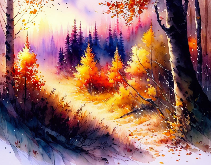 Colorful Autumn Forest Watercolor Painting with Red, Orange, and Purple Hues